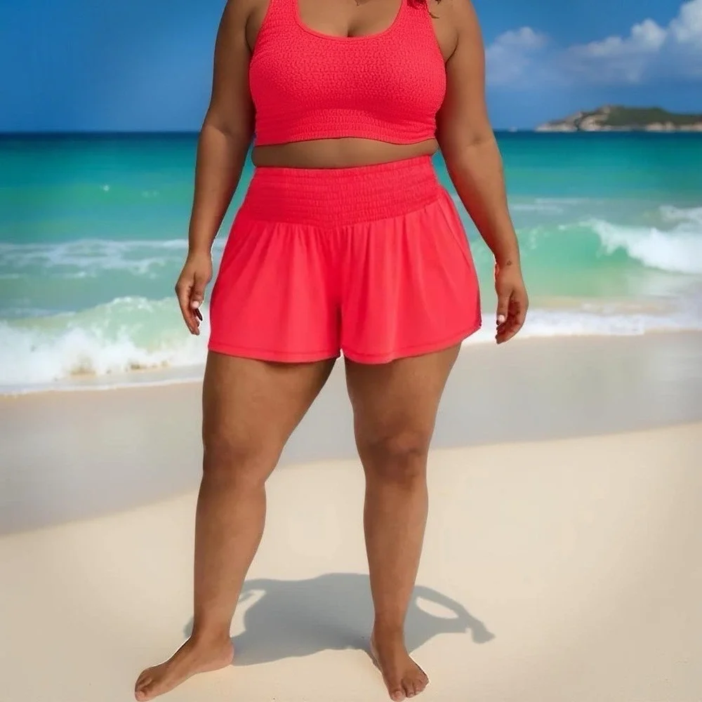 TORRID Swim Shorts CoverUp Sheer Neon-Coral Mesh Smocked Waist NWT Size 5X